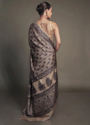 Cream Printed Pure Silk Saree Without Blouse Piece