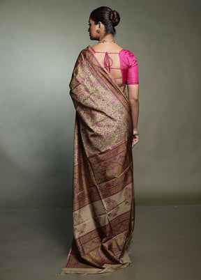 Cream Printed Pure Silk Saree Without Blouse Piece