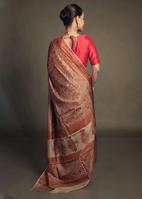 Cream Printed Pure Silk Saree Without Blouse Piece