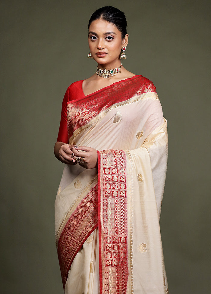 Cream Dupion Silk Saree With Blouse Piece