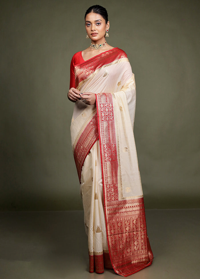 Cream Dupion Silk Saree With Blouse Piece