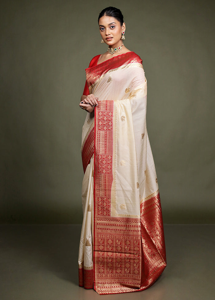 Cream Dupion Silk Saree With Blouse Piece