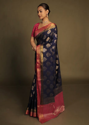 Blue Dupion Silk Saree With Blouse Piece