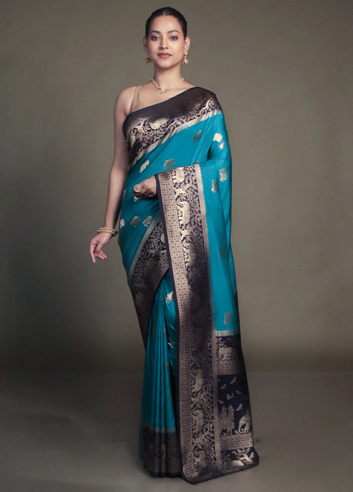 Blue Dupion Silk Saree With Blouse Piece