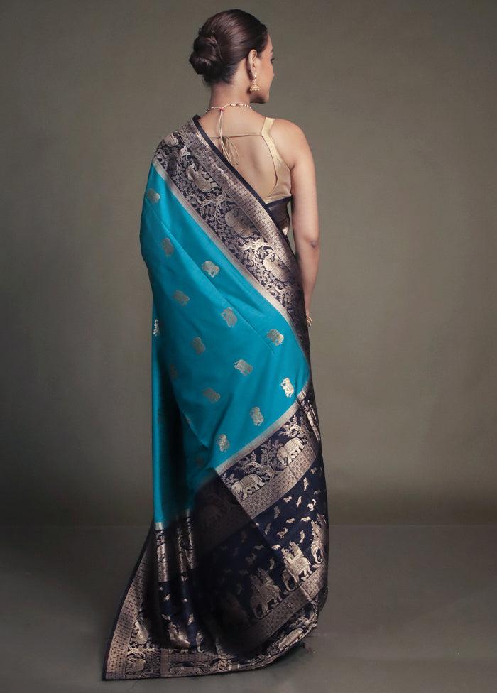 Blue Dupion Silk Saree With Blouse Piece