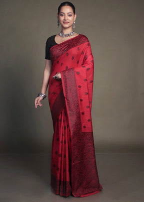 Red Dupion Silk Saree With Blouse Piece