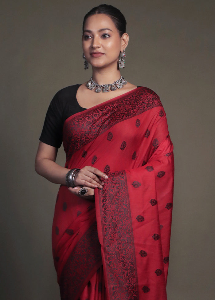 Red Dupion Silk Saree With Blouse Piece