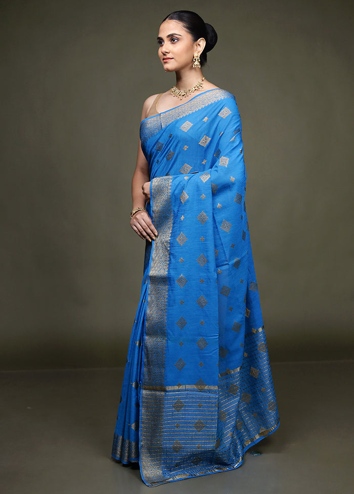 Blue Dupion Silk Saree With Blouse Piece