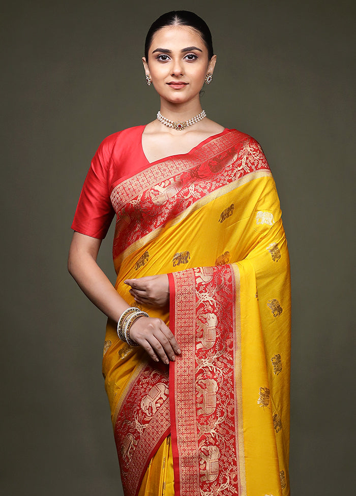 Yellow Dupion Silk Saree With Blouse Piece