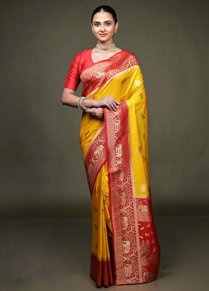 Yellow Dupion Silk Saree With Blouse Piece
