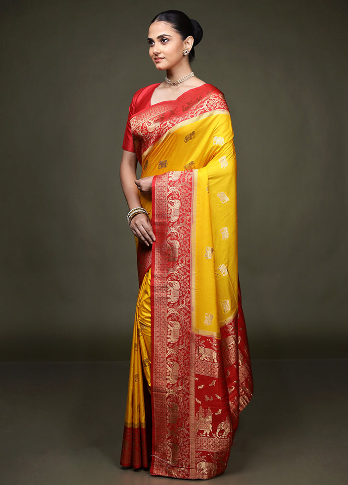 Yellow Dupion Silk Saree With Blouse Piece