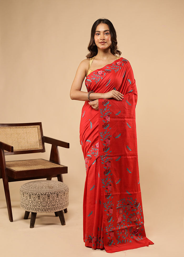 Red Dupion Silk Saree With Blouse Piece