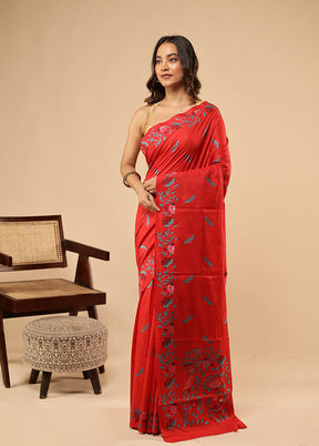 Red Dupion Silk Saree With Blouse Piece