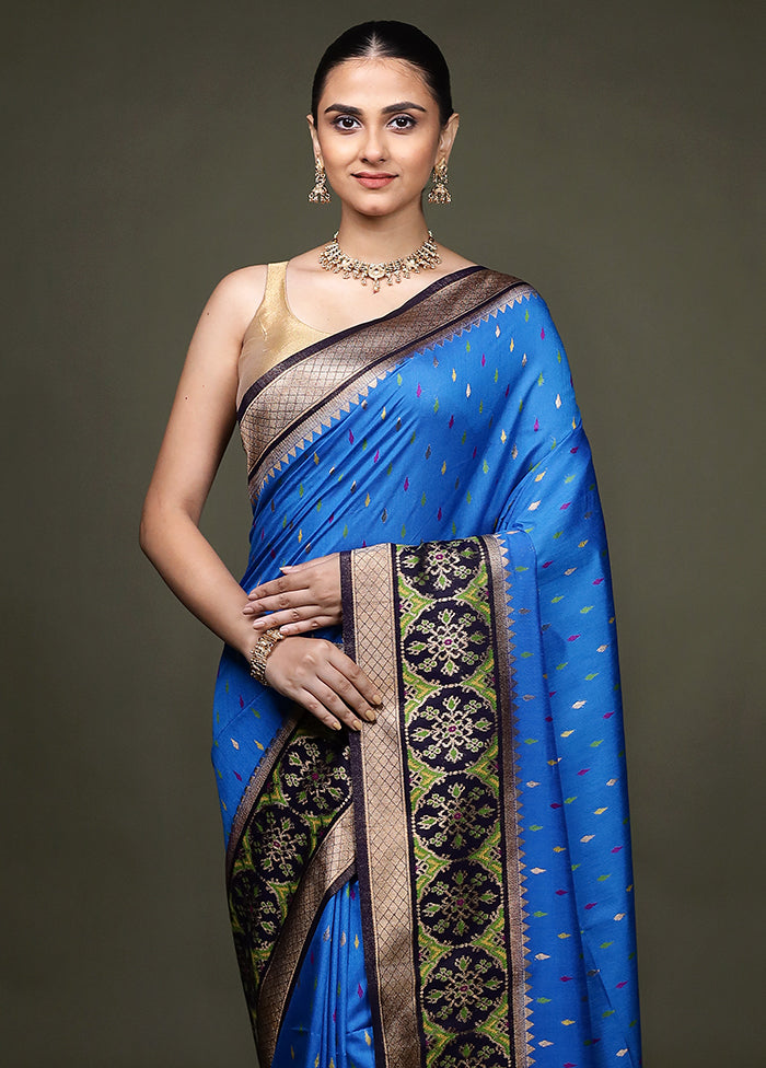 Blue Dupion Silk Saree With Blouse Piece