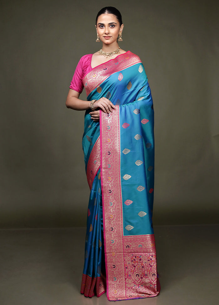 Blue Dupion Silk Saree With Blouse Piece