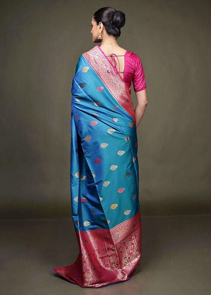Blue Dupion Silk Saree With Blouse Piece