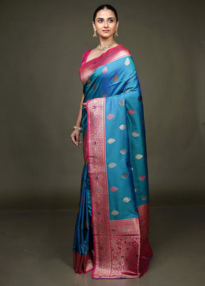 Blue Dupion Silk Saree With Blouse Piece