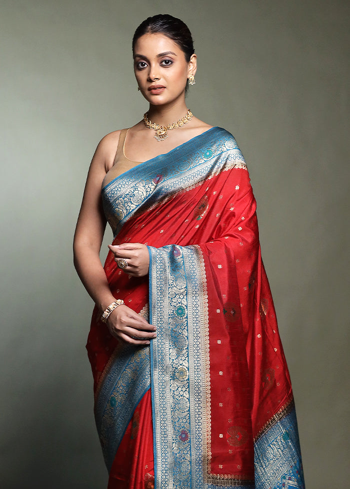 Red Dupion Silk Saree With Blouse Piece