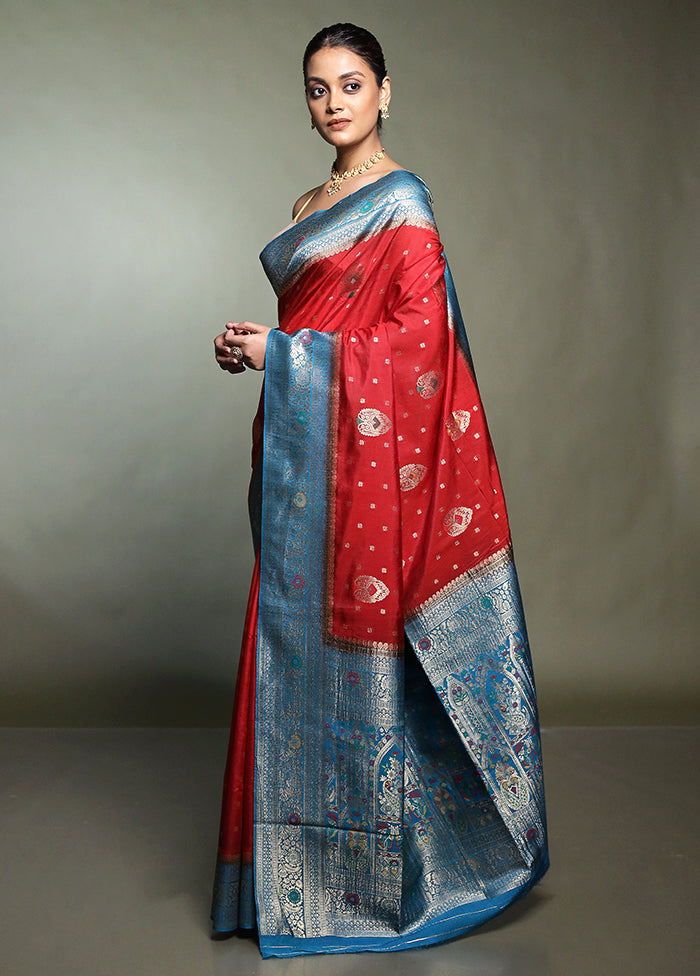 Red Dupion Silk Saree With Blouse Piece