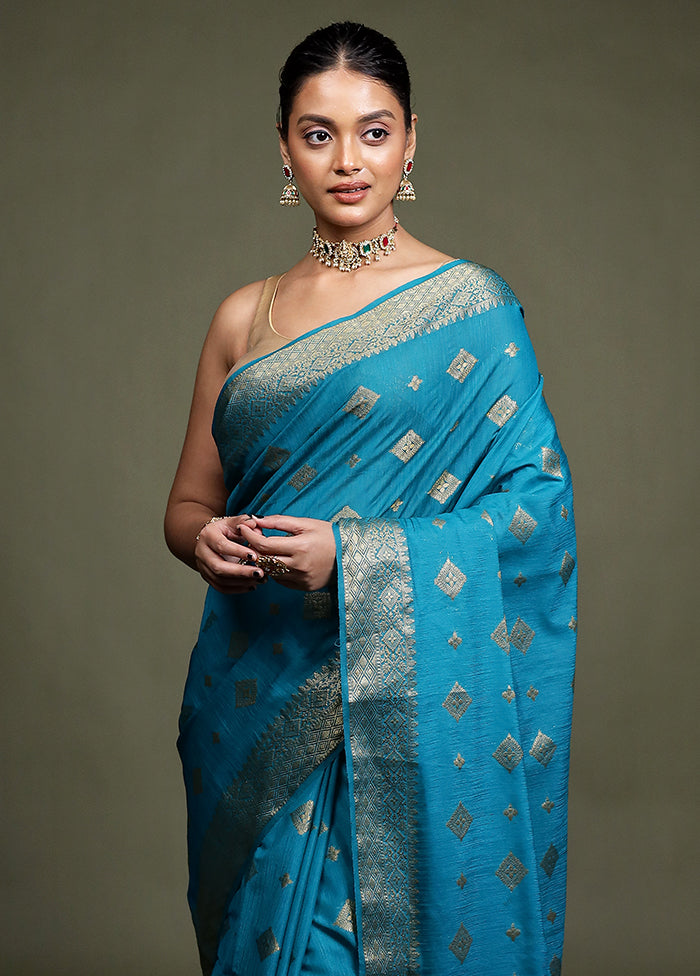 Blue Dupion Silk Saree With Blouse Piece