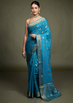 Blue Dupion Silk Saree With Blouse Piece