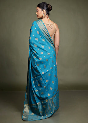 Blue Dupion Silk Saree With Blouse Piece