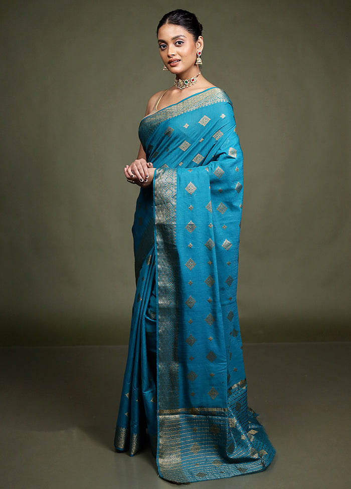 Blue Dupion Silk Saree With Blouse Piece