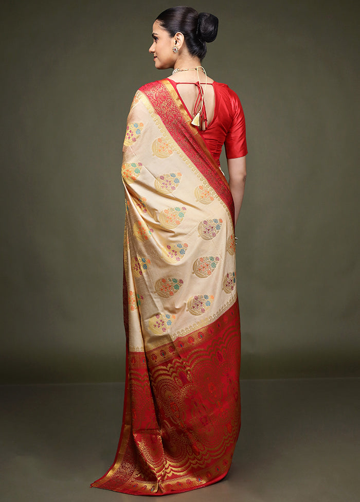 Cream Dupion Silk Saree With Blouse Piece