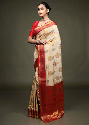 Cream Dupion Silk Saree With Blouse Piece