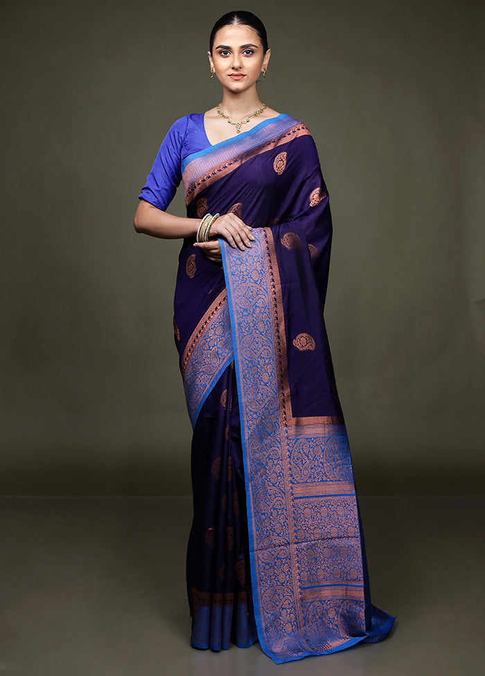 Blue Dupion Silk Saree With Blouse Piece
