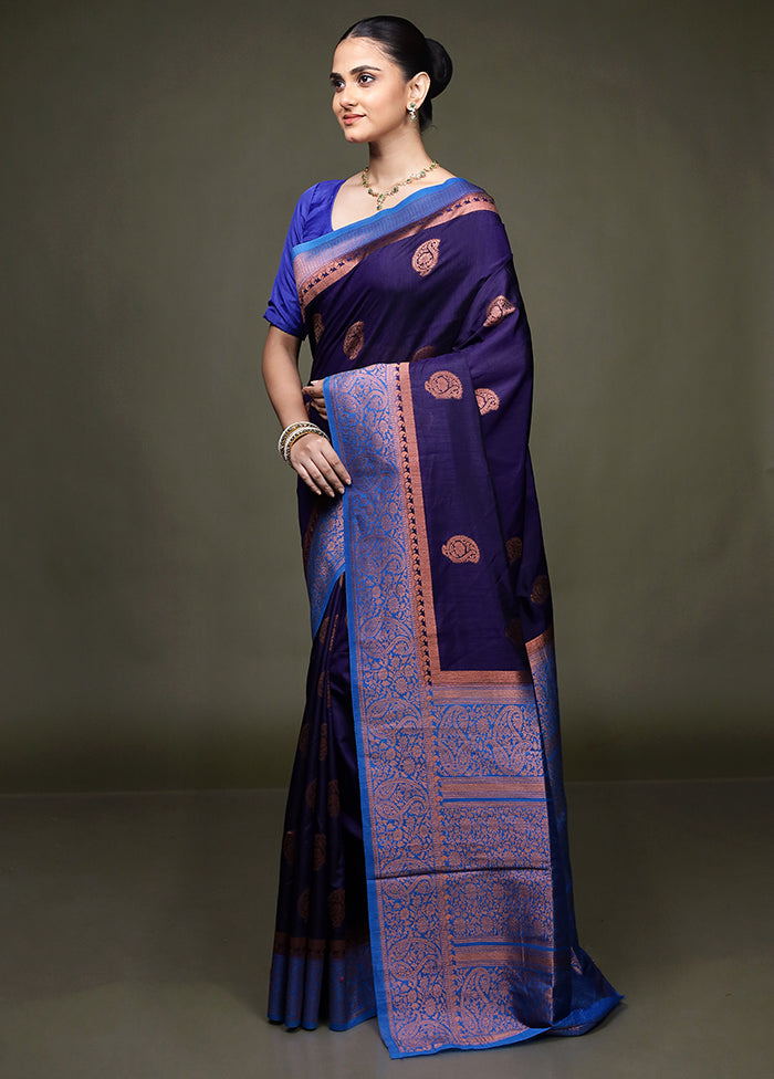 Blue Dupion Silk Saree With Blouse Piece