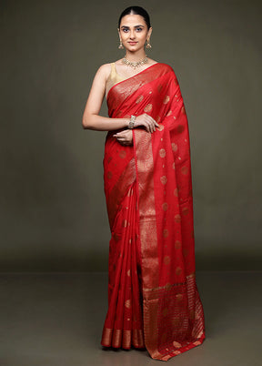 Red Dupion Silk Saree With Blouse Piece