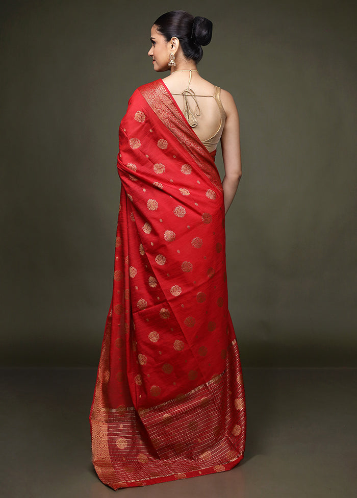 Red Dupion Silk Saree With Blouse Piece