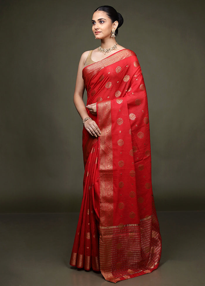 Red Dupion Silk Saree With Blouse Piece