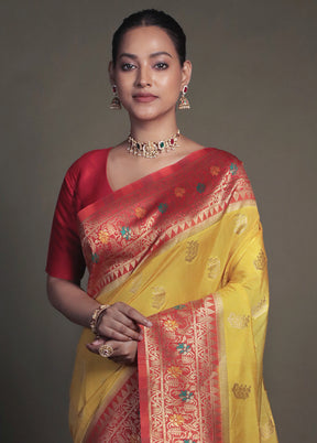 Yellow Dupion Silk Saree With Blouse Piece