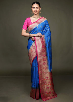 Blue Dupion Silk Saree With Blouse Piece
