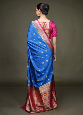 Blue Dupion Silk Saree With Blouse Piece