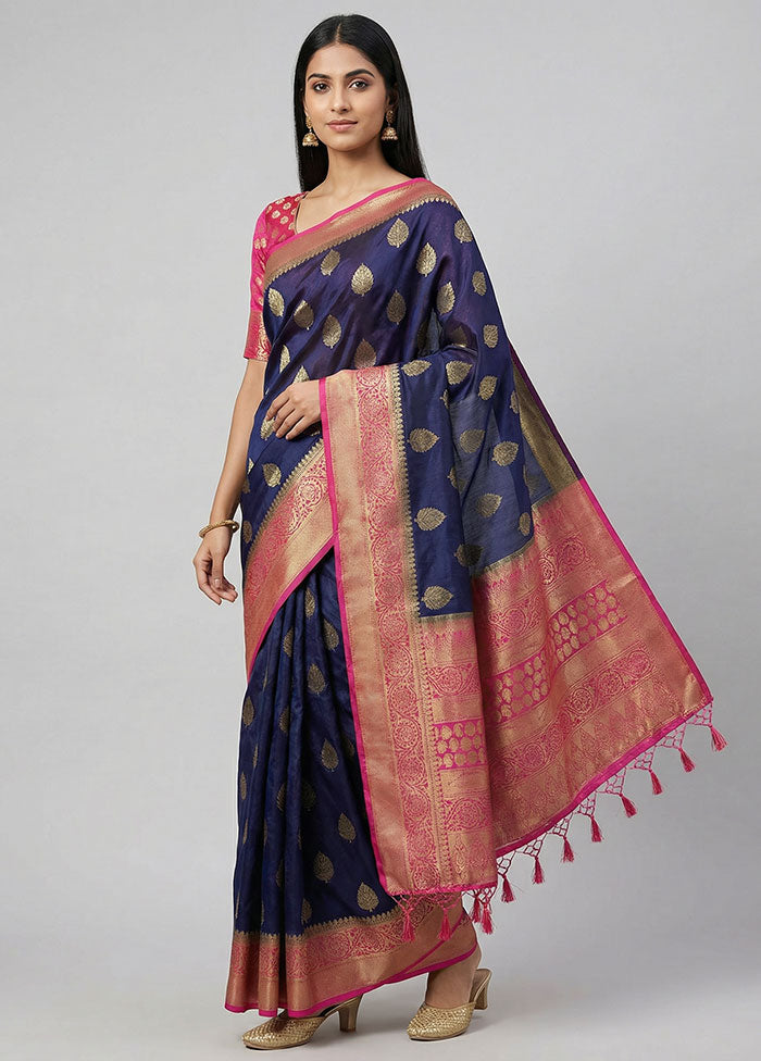 Blue Dupion Silk Saree With Blouse Piece