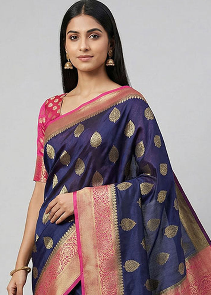 Blue Dupion Silk Saree With Blouse Piece