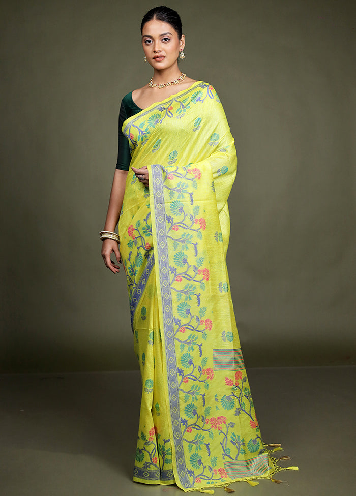Yellow Dupion Silk Saree With Blouse Piece