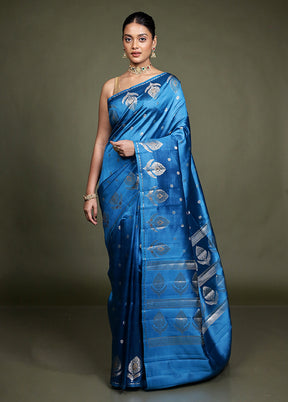 Blue Handloom Dupion Pure Silk Saree With Blouse Piece
