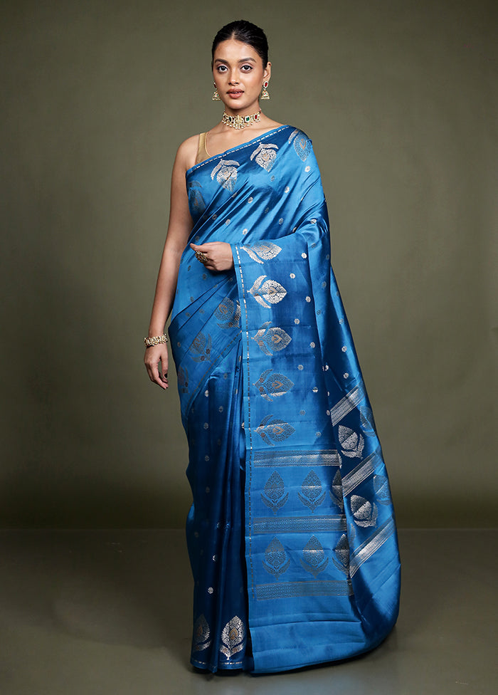 Blue Handloom Dupion Pure Silk Saree With Blouse Piece