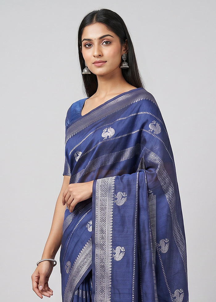 Blue Handloom Dupion Pure Silk Saree With Blouse Piece