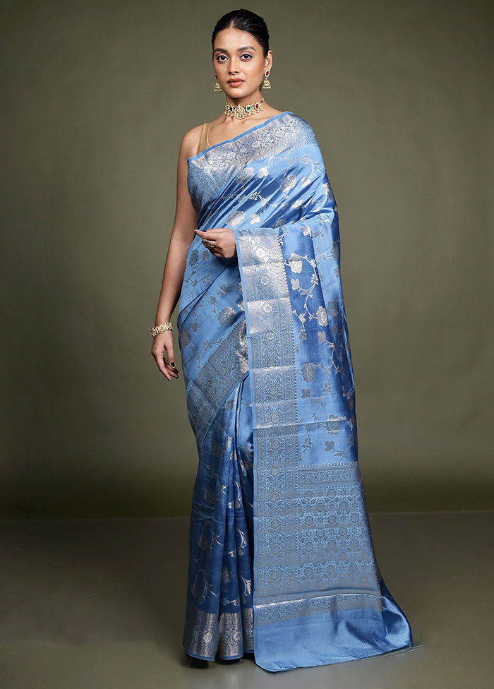 Blue Handloom Dupion Pure Silk Saree With Blouse Piece