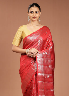 Red Handloom Dupion Pure Silk Saree With Blouse Piece