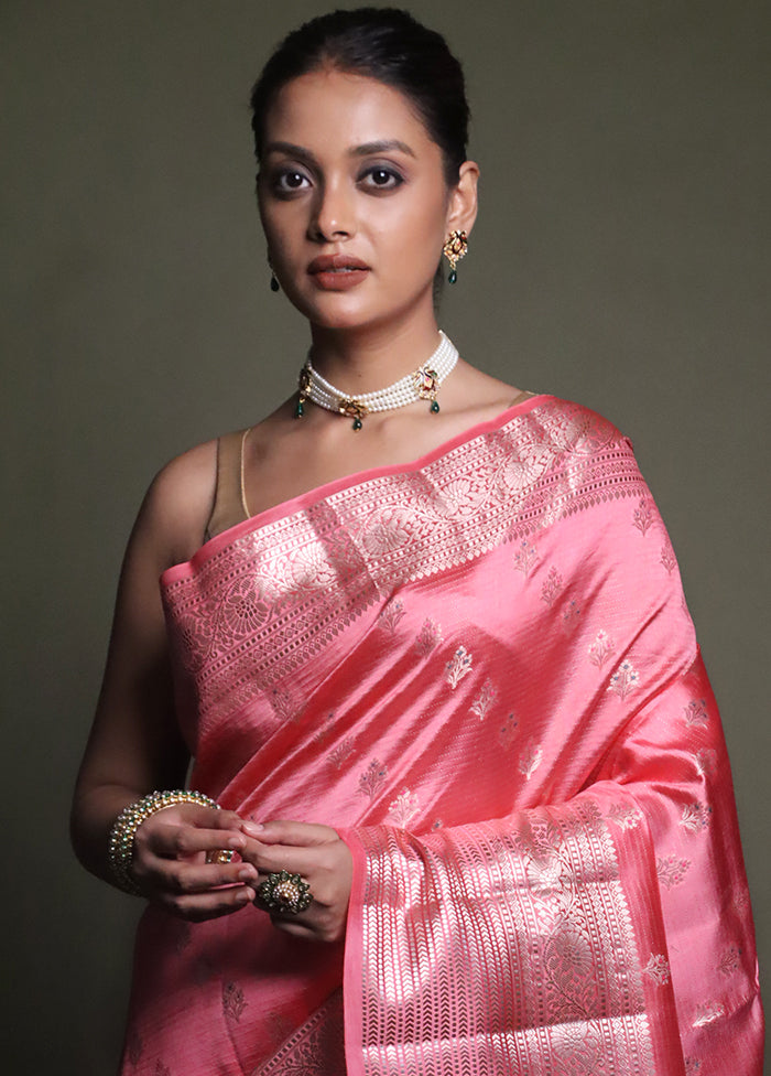 Pink Handloom Dupion Pure Silk Saree With Blouse Piece