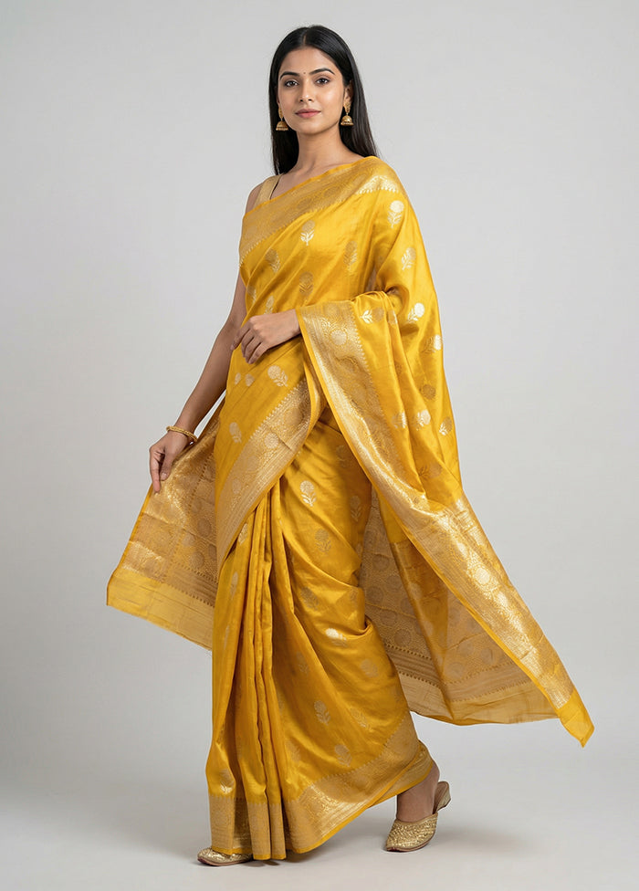 Yellow Handloom Dupion Pure Silk Saree With Blouse Piece