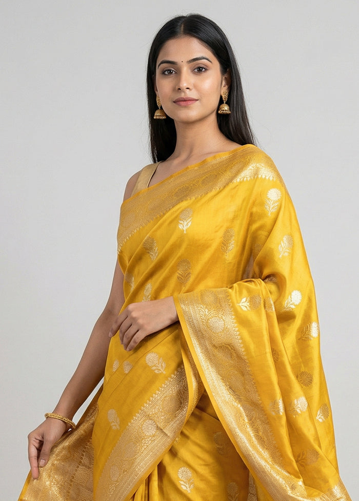 Yellow Handloom Dupion Pure Silk Saree With Blouse Piece
