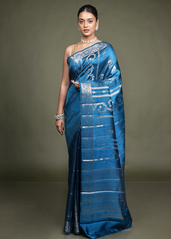 Blue Handloom Dupion Pure Silk Saree With Blouse Piece