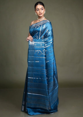 Blue Handloom Dupion Pure Silk Saree With Blouse Piece
